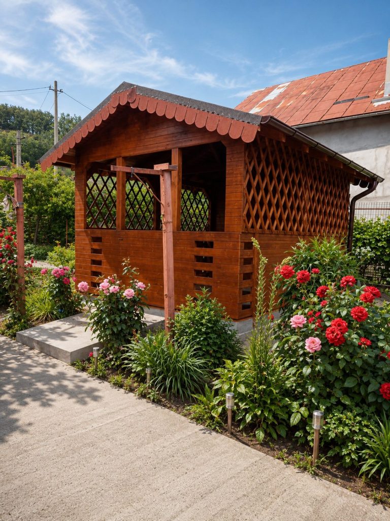 Foișor rustic din lemn cu grilaje decorative